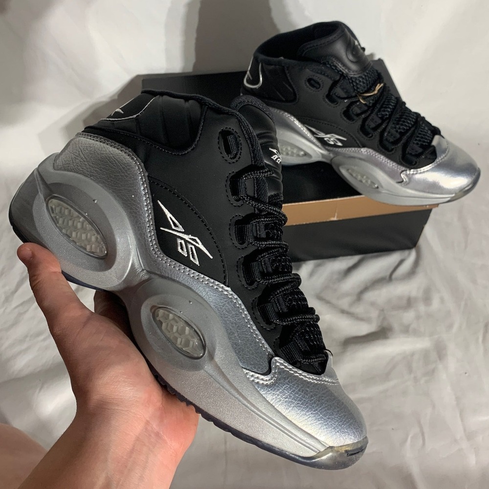 Reebok Question Mid Top Sneakers Silver Black New Womans 8.5 - Picture 2 of 7